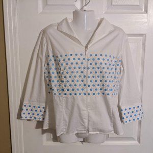 Samuel Dong White Blue Polka Dot Zip Front Blouse Jacket Stretch - size M